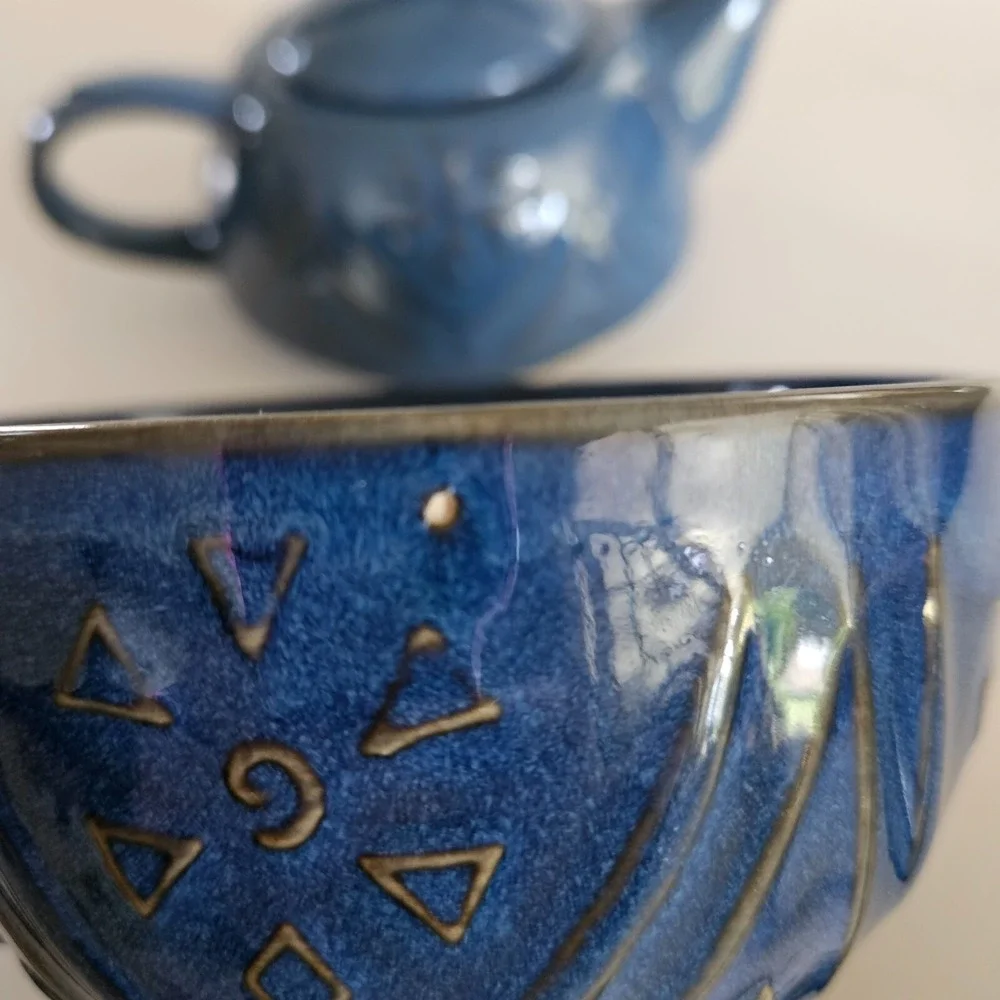 Pier 1 Blue Stoneware Stackable Tea Set Tea Pot Lid and Cup Mug Glazed